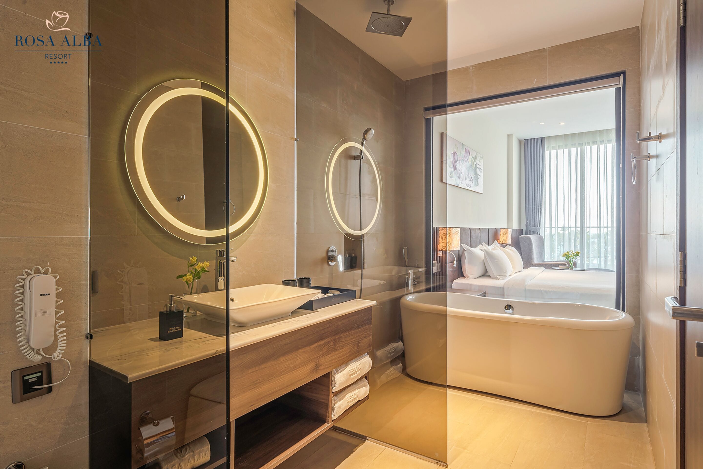 studio double ocean view | bathroom | designer toiletries, hair dryer, bathrobes, slippers