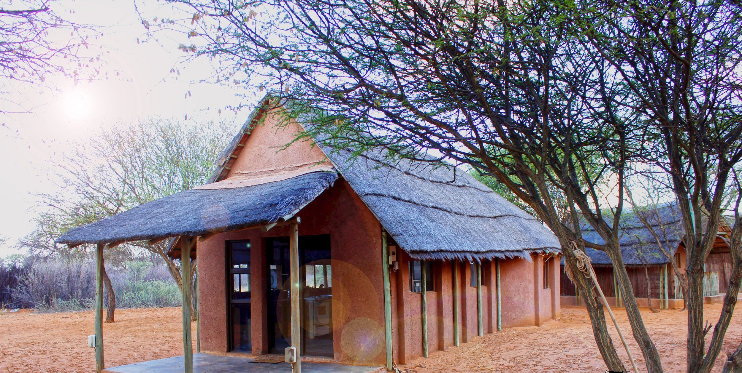 A thatched-roof hut with a simple, open design, surrounded by trees and a sandy ground.