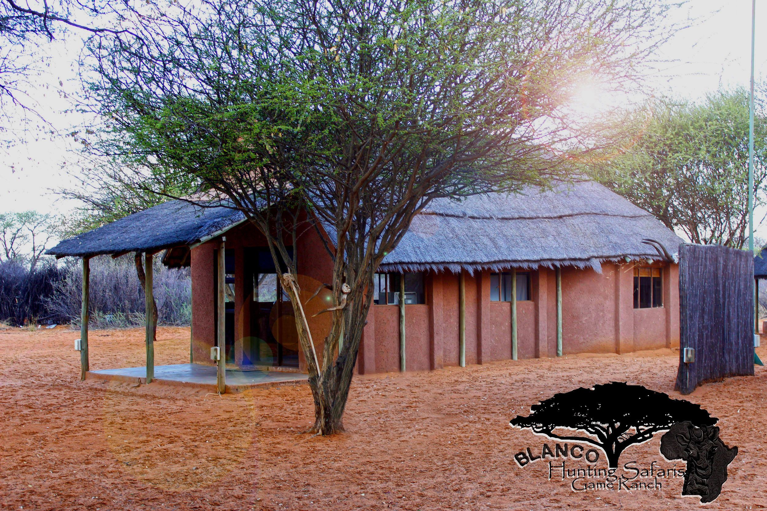 A rustic building with a thatched roof, surrounded by a sandy area with sparse vegetation.