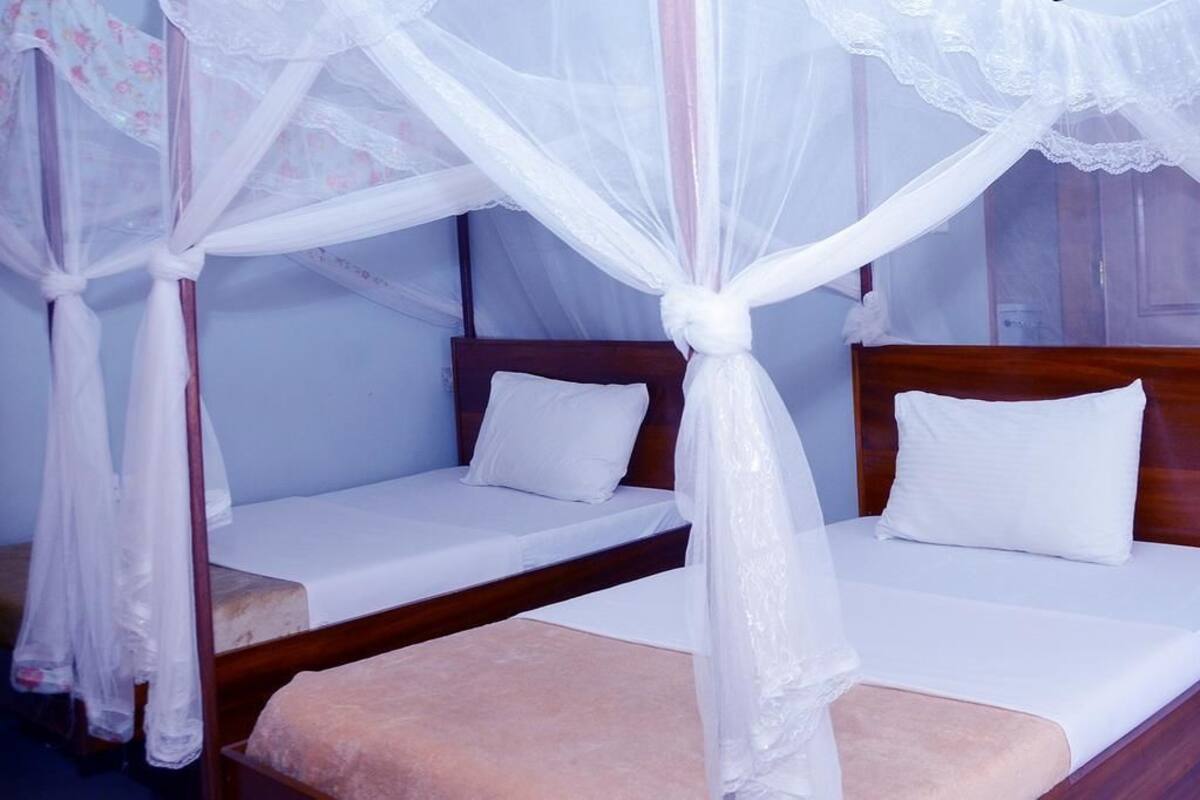 Una habitación con dos camas individuales, cada una con cabecero de madera y ropa de cama blanca.