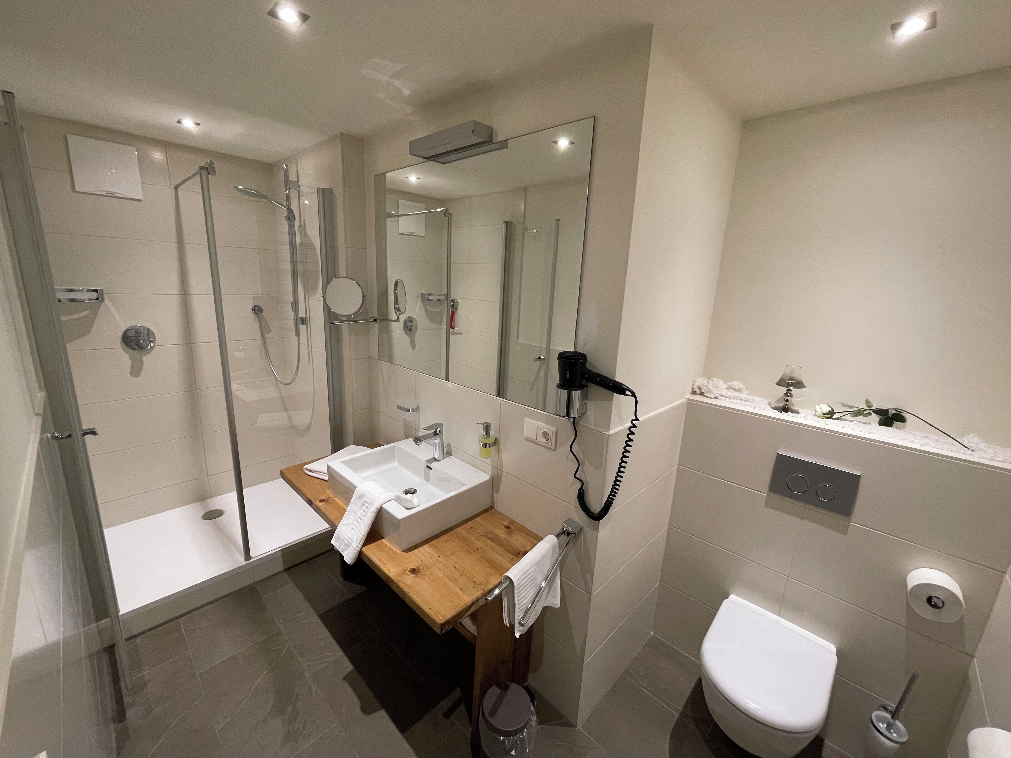 A modern bathroom with a glass-enclosed shower, a wooden vanity, a large mirror, and a toilet.