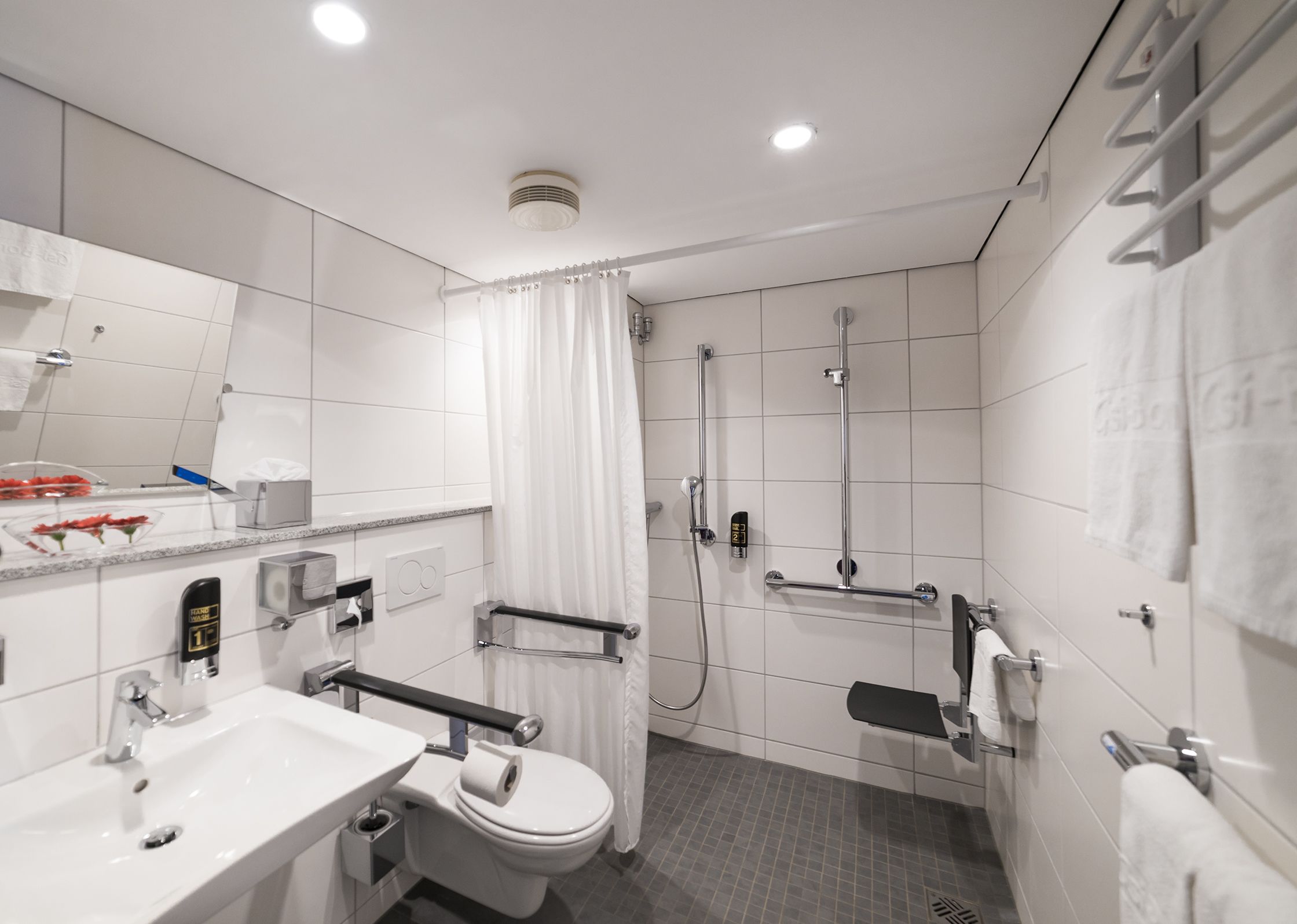 disabled double room | bathroom | shower, free toiletries, hair dryer, slippers