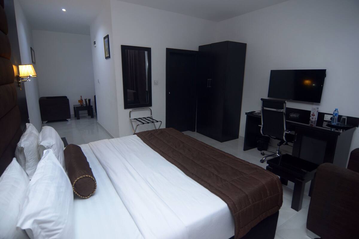 A hotel room with a bed, a desk, a chair, a TV, and a wardrobe.