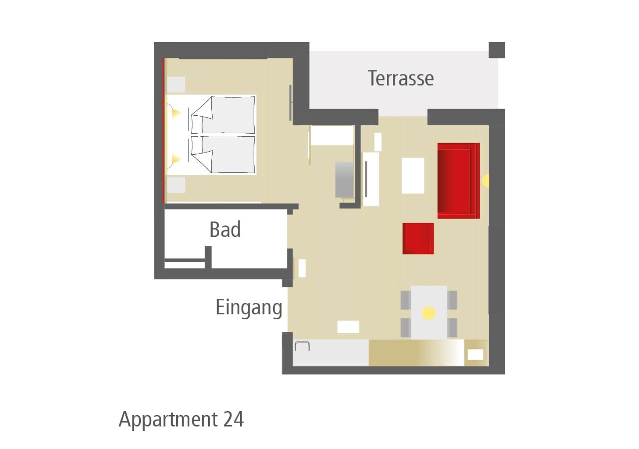 A floor plan of Apartment 24 with a terrace, a bathroom, and a living area.