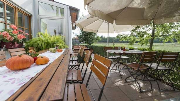 An outdoor patio with wooden tables and chairs, a large umbrella, and potted plants. - Landgasthaus Hofmann (Oberdachstetten)