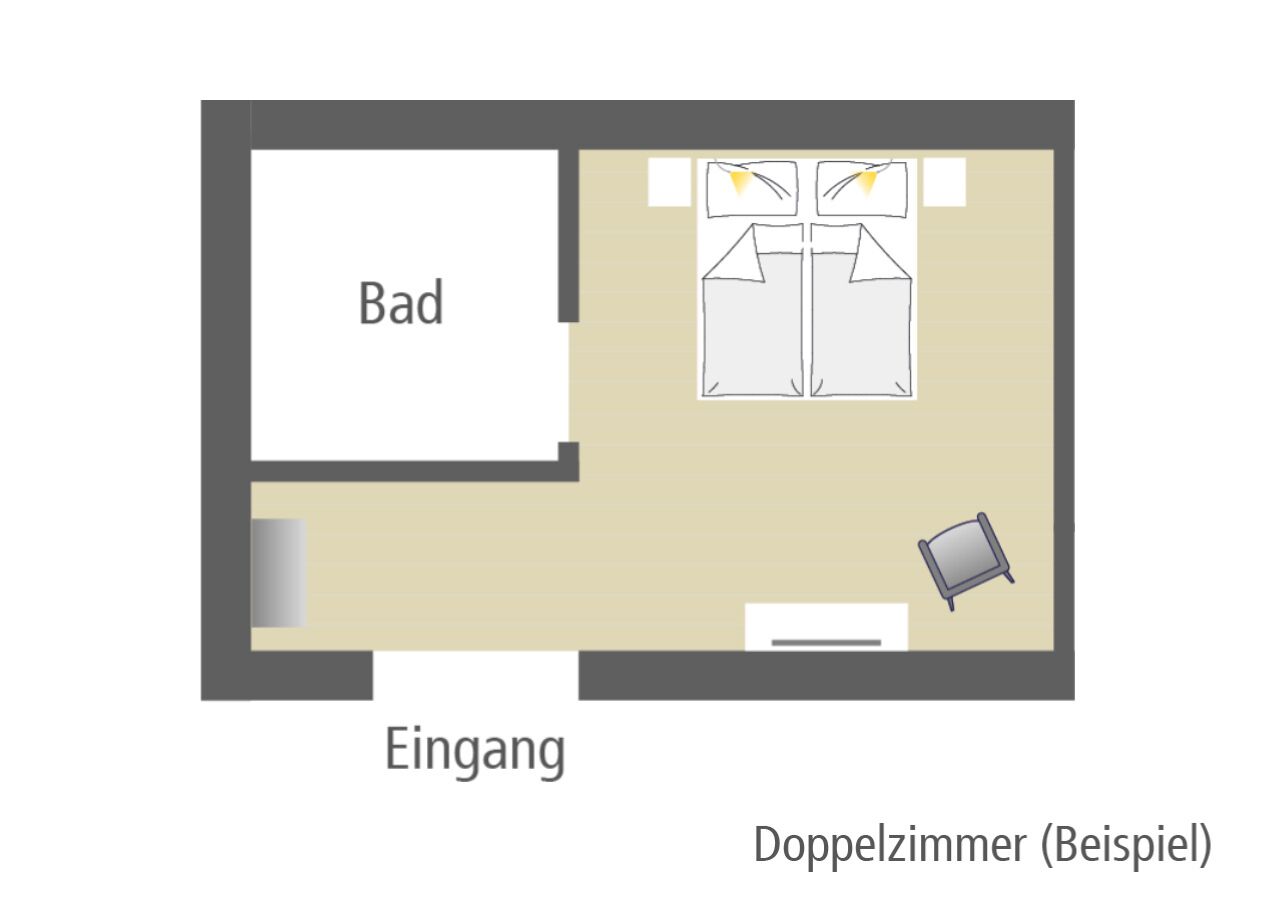 Een plattegrond van een hotelkamer met een badkamer, een tweepersoonsbed, een nachtkastje en een zithoekje.