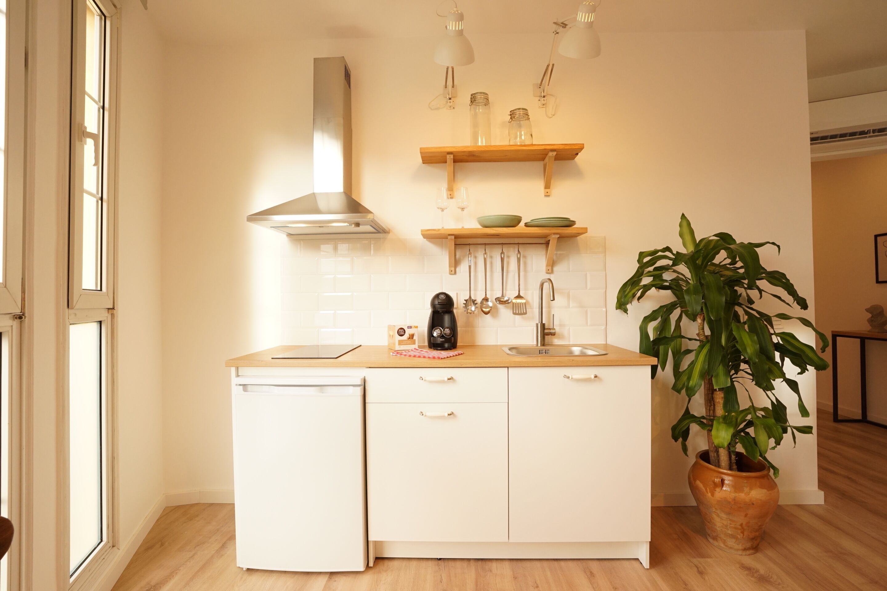 A kitchen with white cabinets, a built-in dishwasher, a stainless steel range hood, wooden shelves above the counter, and a potted plant.