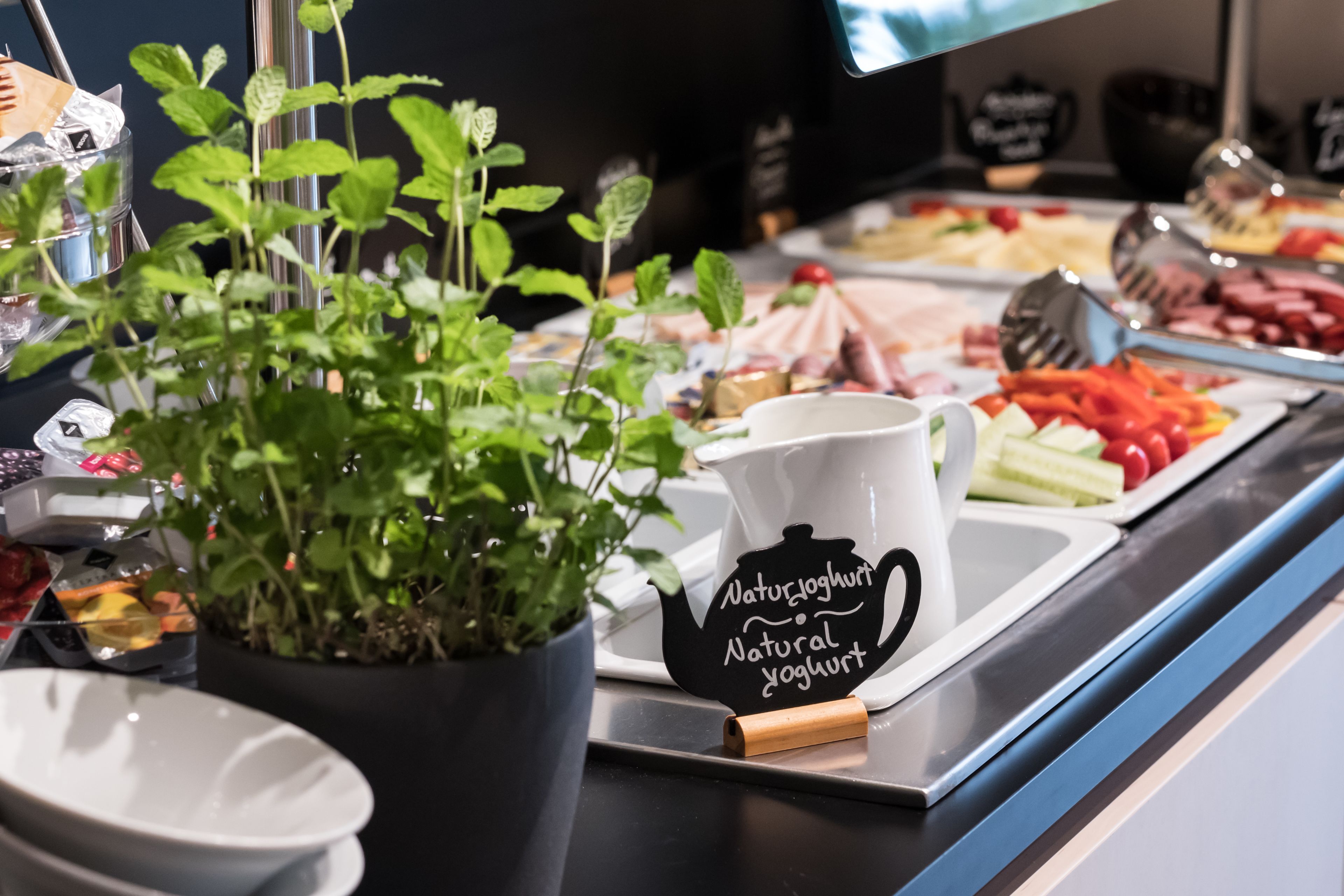 A buffet setup with various food items, a plant, and a jug labeled "Natur Yoghurth."