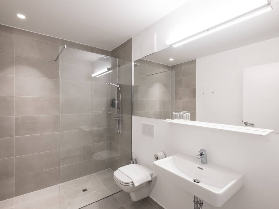 A modern bathroom with a glass-enclosed shower, a white toilet, and a sink with a mirror above it.