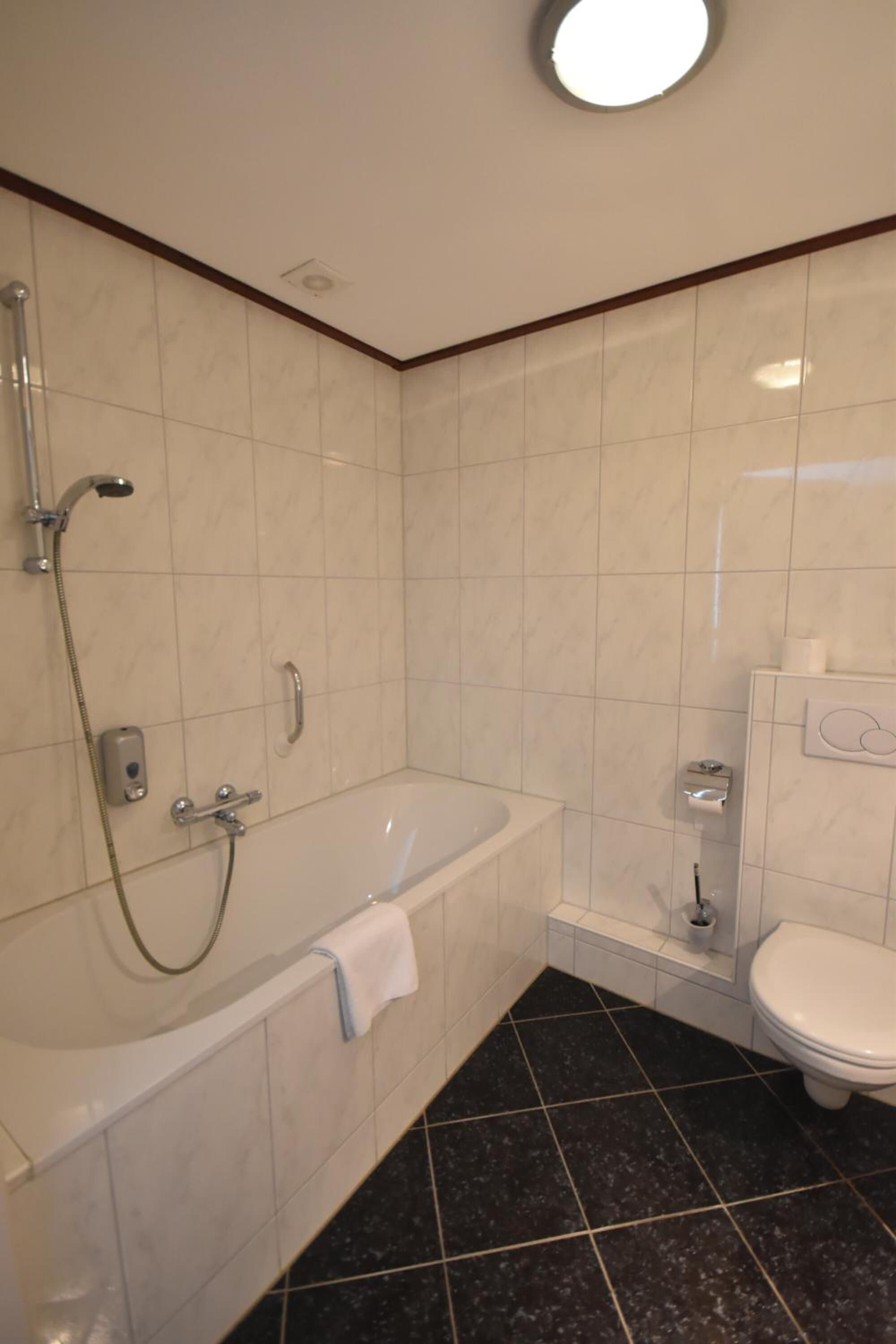 A bathroom with a bathtub, a toilet, and a shower.