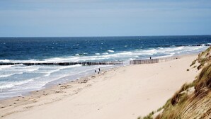 Une plage avec une jetée en bois qui s’avance dans l’océan, un rivage sablonneux et des dunes herbeuses.