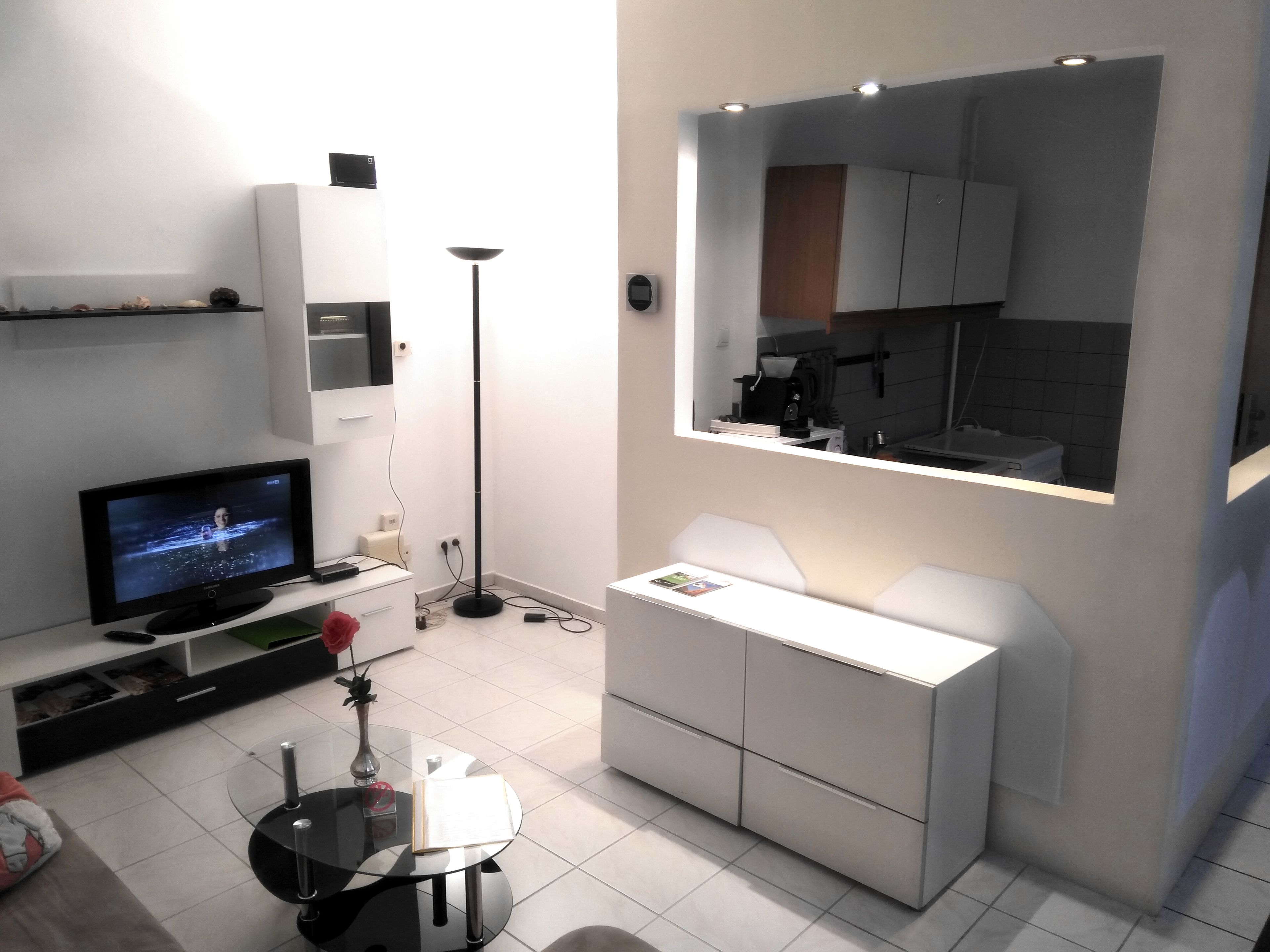 A modern living room with a flat-screen TV, a standing lamp, a small round table with a book and a vase, and a built-in kitchen area with a mirror above the counter.