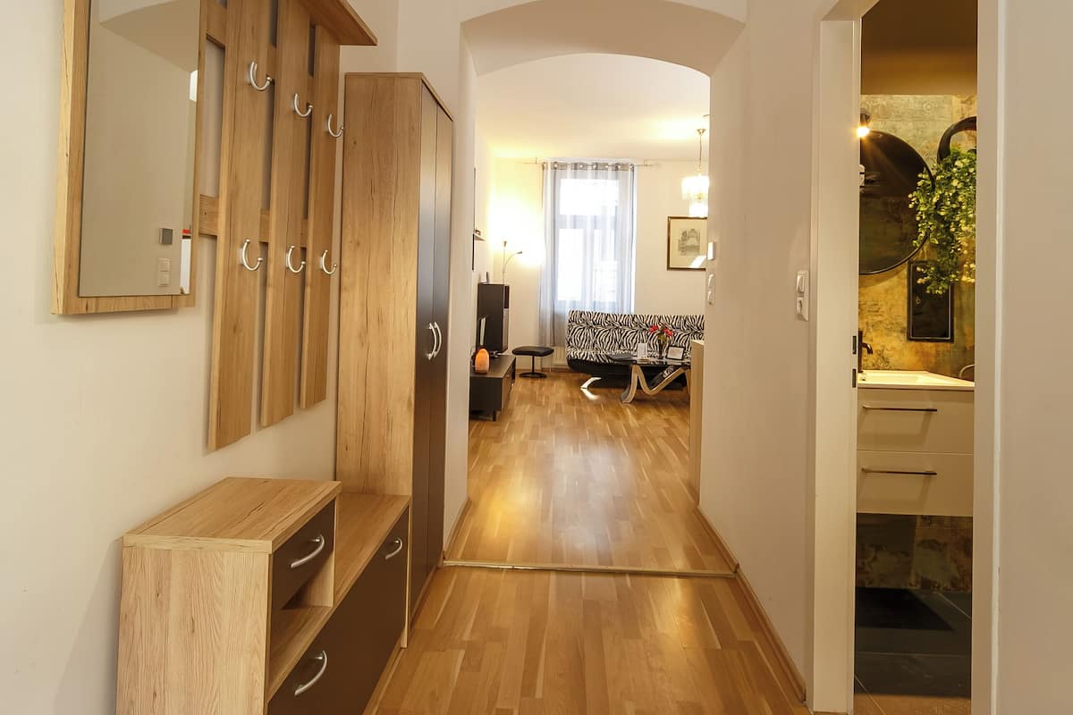 Käytävän lattia on tehty puusta, siellä on peili, vaatekaappi ja ovi, joka johtaa huoneeseen, jossa on sänky ja kasvi.