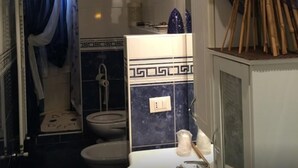Een badkamer met toilet, wastafel en douche. Op de wastafel staat een decoratieve vaas met bloemen en een gordijn met een blauw-wit patroon.