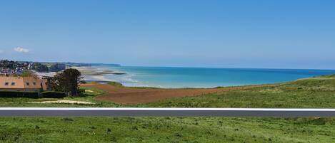 A coastal landscape with a road in the foreground, a beach, and a distant town.