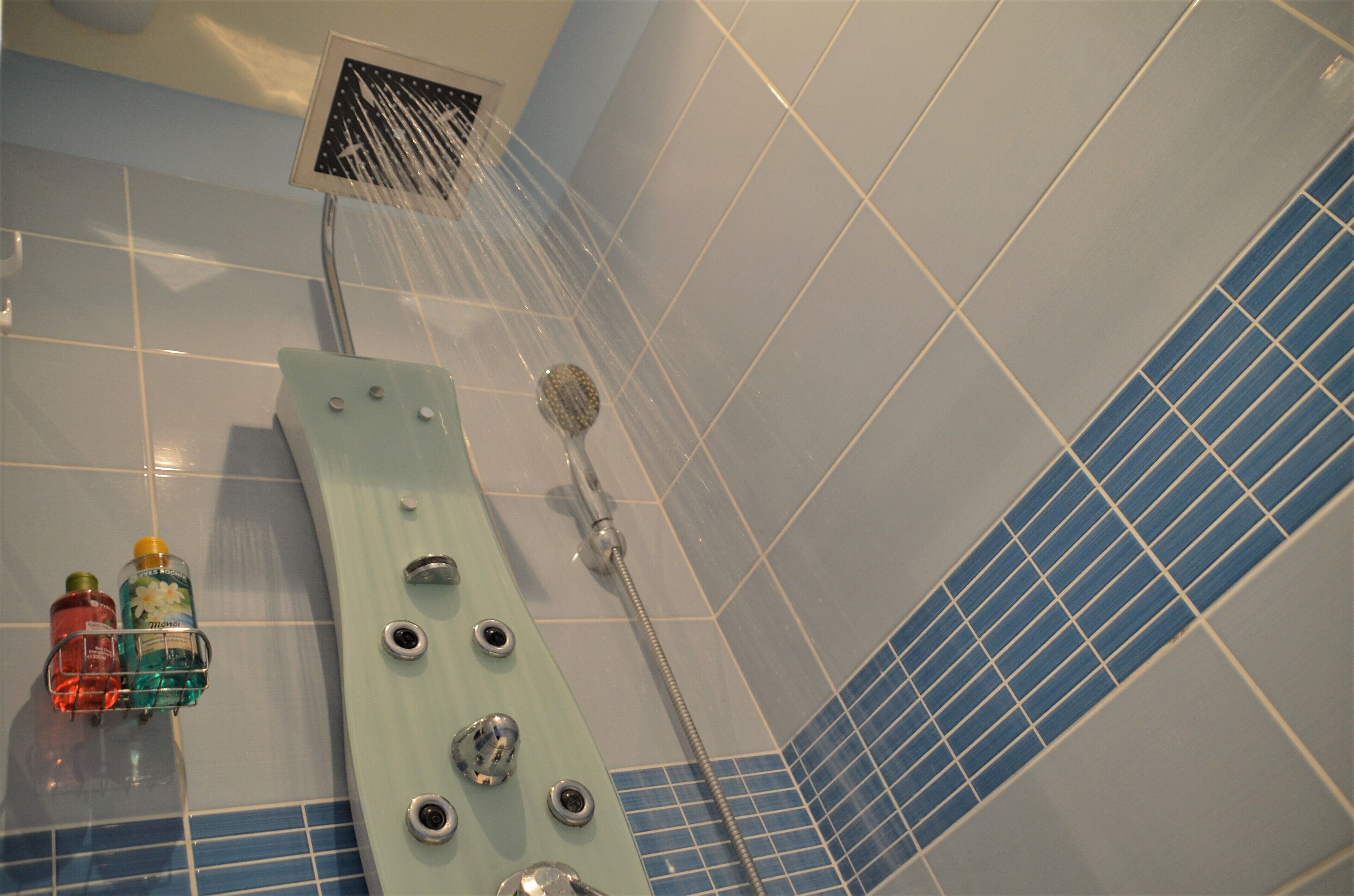 Un espace douche équipé d’un pommeau de douche à main, d’un panneau de commande fixé au mur et d’un mur recouvert de carreaux avec un motif bleu.