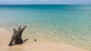 A beach with clear turquoise water and a large piece of driftwood on the sand. - asDunas Lodge (Vilanculos)