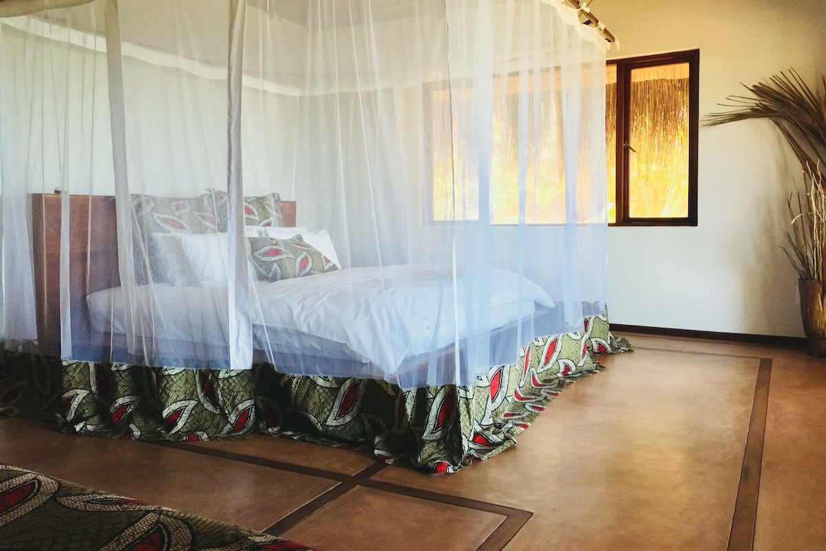 A room with a bed under a mosquito net, a potted plant, and a framed picture on the wall.