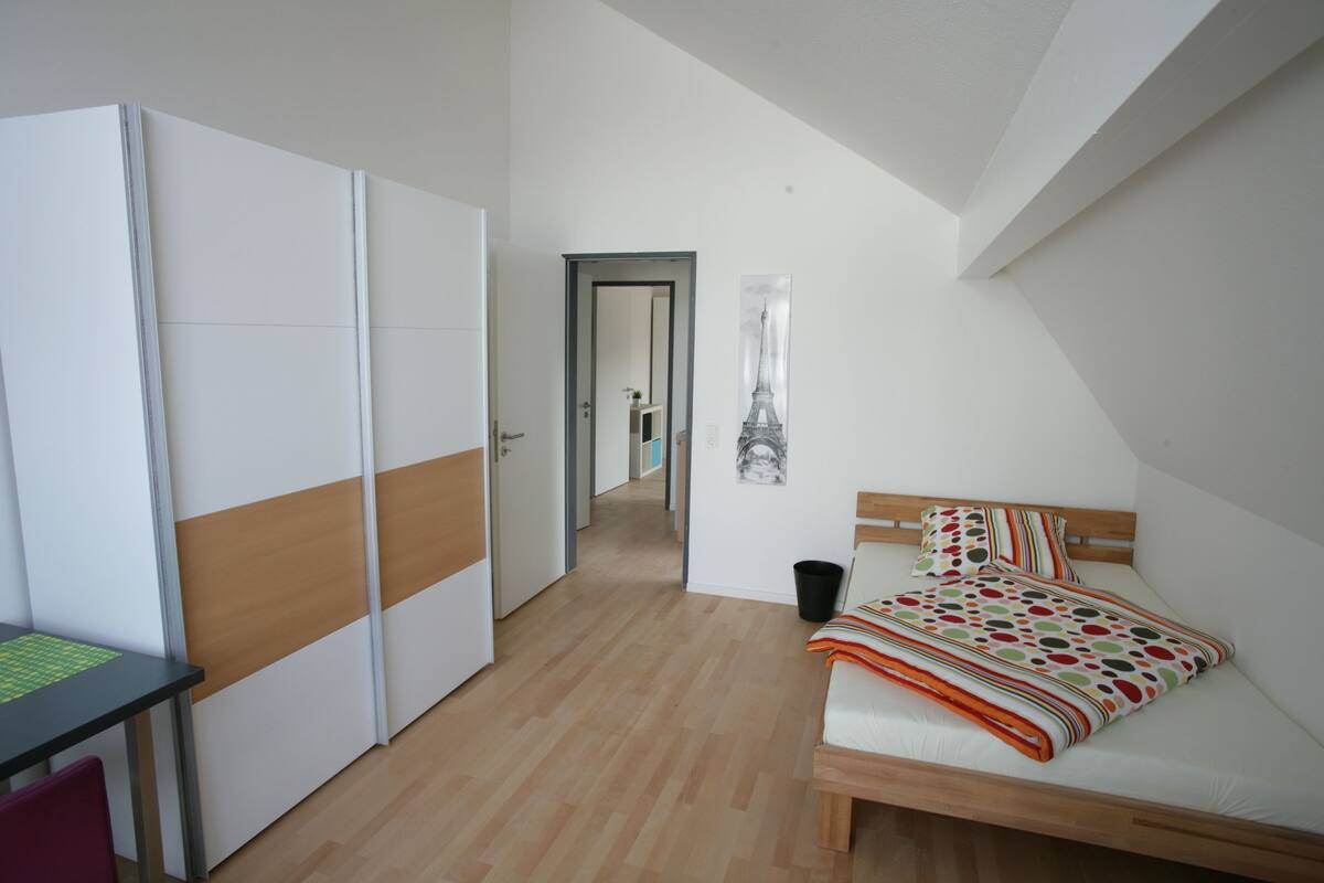 Un dormitorio con cama, escritorio y armario.