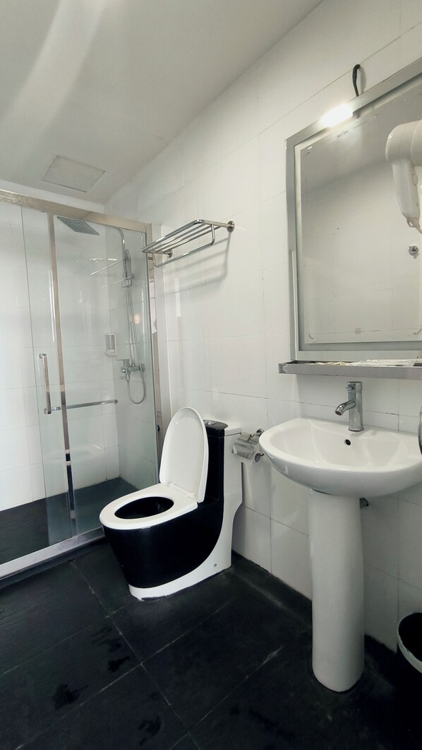 Un baño moderno con ducha envuelta en vidrio, inodoro blanco y negro y lavamanos blanco con espejo superior.