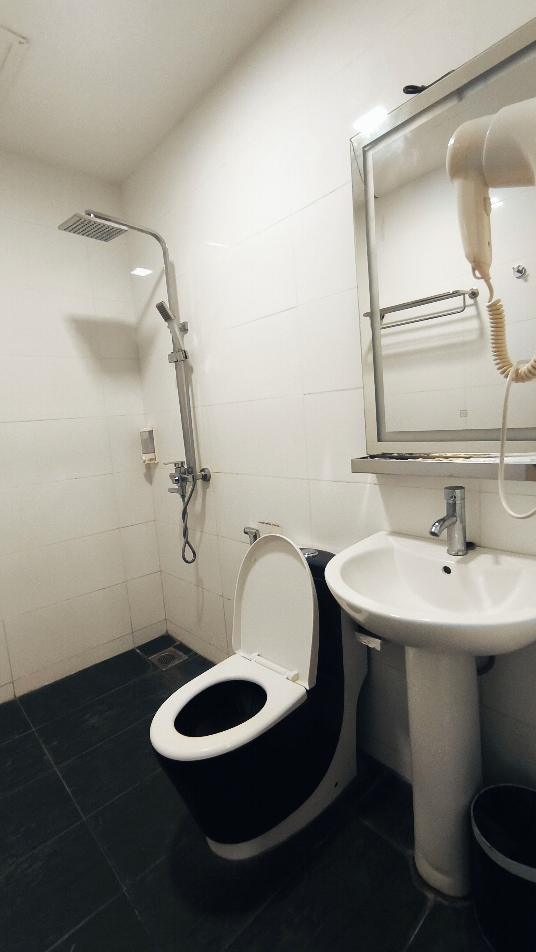 Een badkamer met toilet, wastafel en douche.