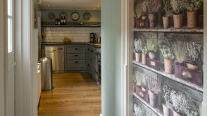 Een keuken met houten vloeren, roestvrijstalen apparatuur en een wand met potplanten.