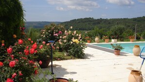 A poolside area with a view of a mountainous landscape, surrounded by potted plants and flowers. - Single storey studio, private swimming pool, secure parking (Callian)