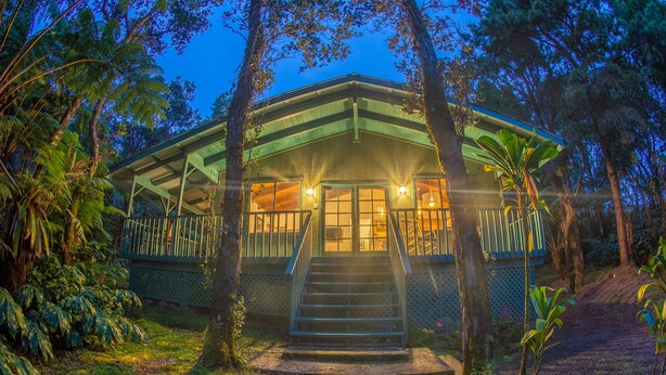 A building with a green roof, surrounded by trees and a pathway leading to the entrance. - 6 mins from Nat'l Park! Enjoy the sound of rain & birds in a peaceful retreat. (Volcano)