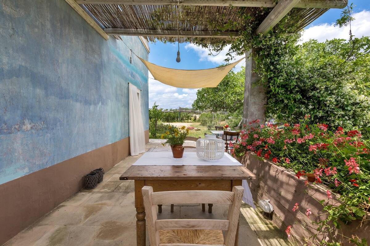 A wooden table with chairs, a potted plant, and a hanging light fixture in an outdoor patio area with a blue wall and a garden with pink flowers.