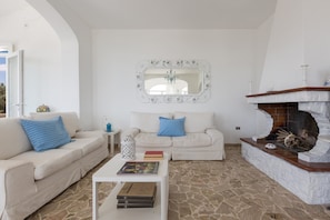 Flat-screen TV, fireplace