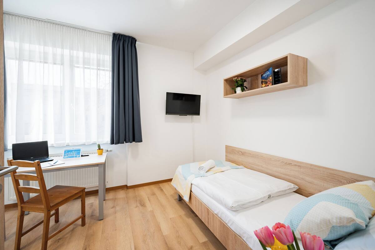 A room with a bed, a desk with a laptop, a TV, and a shelf with books and a plant.
