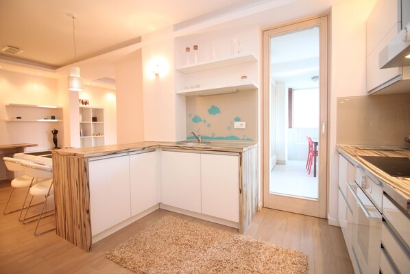 Family Apartment, 2 Bedrooms | Private kitchen | Fridge, oven, stovetop, electric kettle