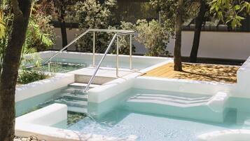 Une piscine avec des marches et une rampe métallique, entourée d’arbres et bordée d’une terrasse en bois.