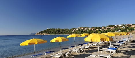 A beach with rows of sunbeds and yellow umbrellas.
