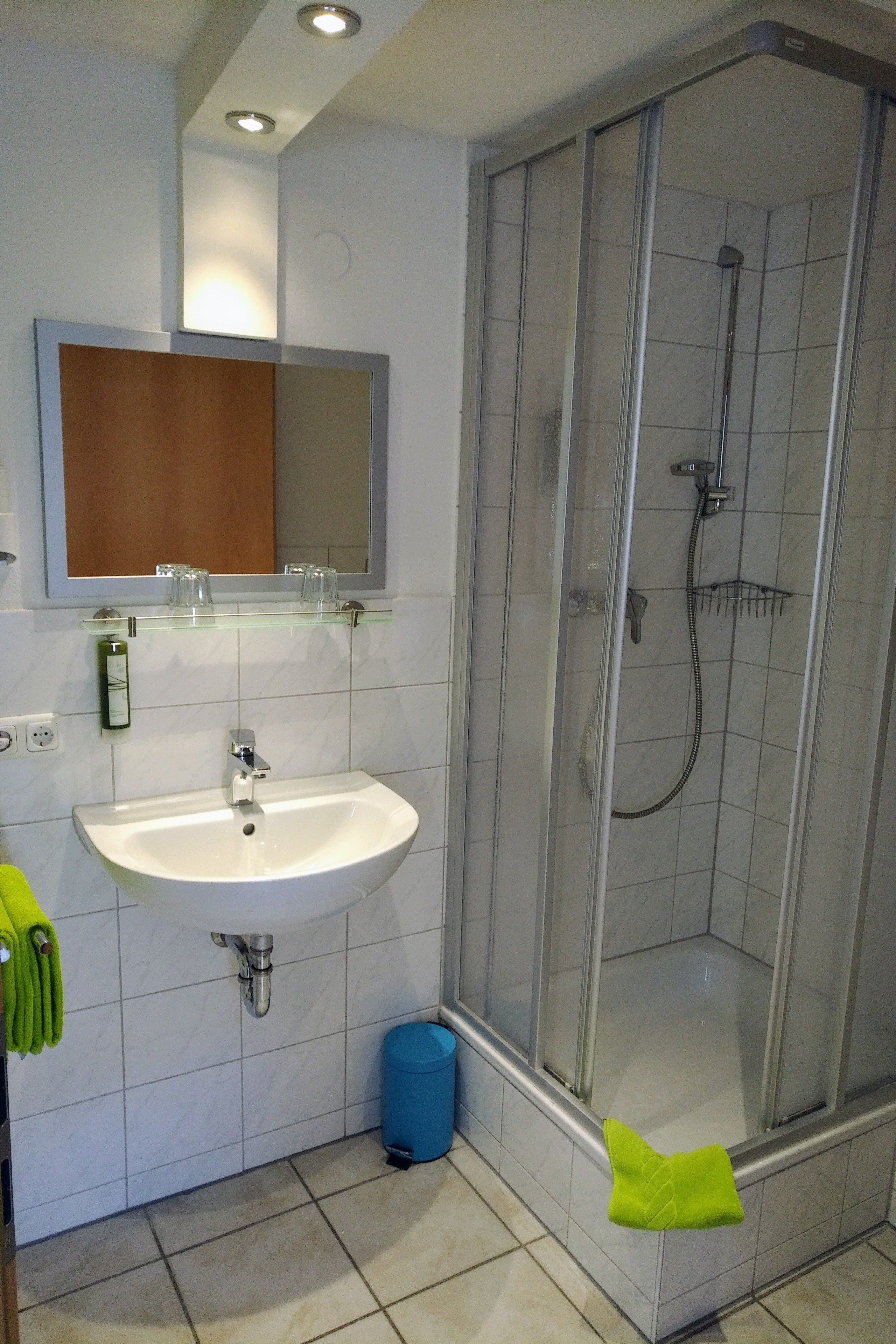 A bathroom with a glass-enclosed shower, a sink, and a mirror above it.