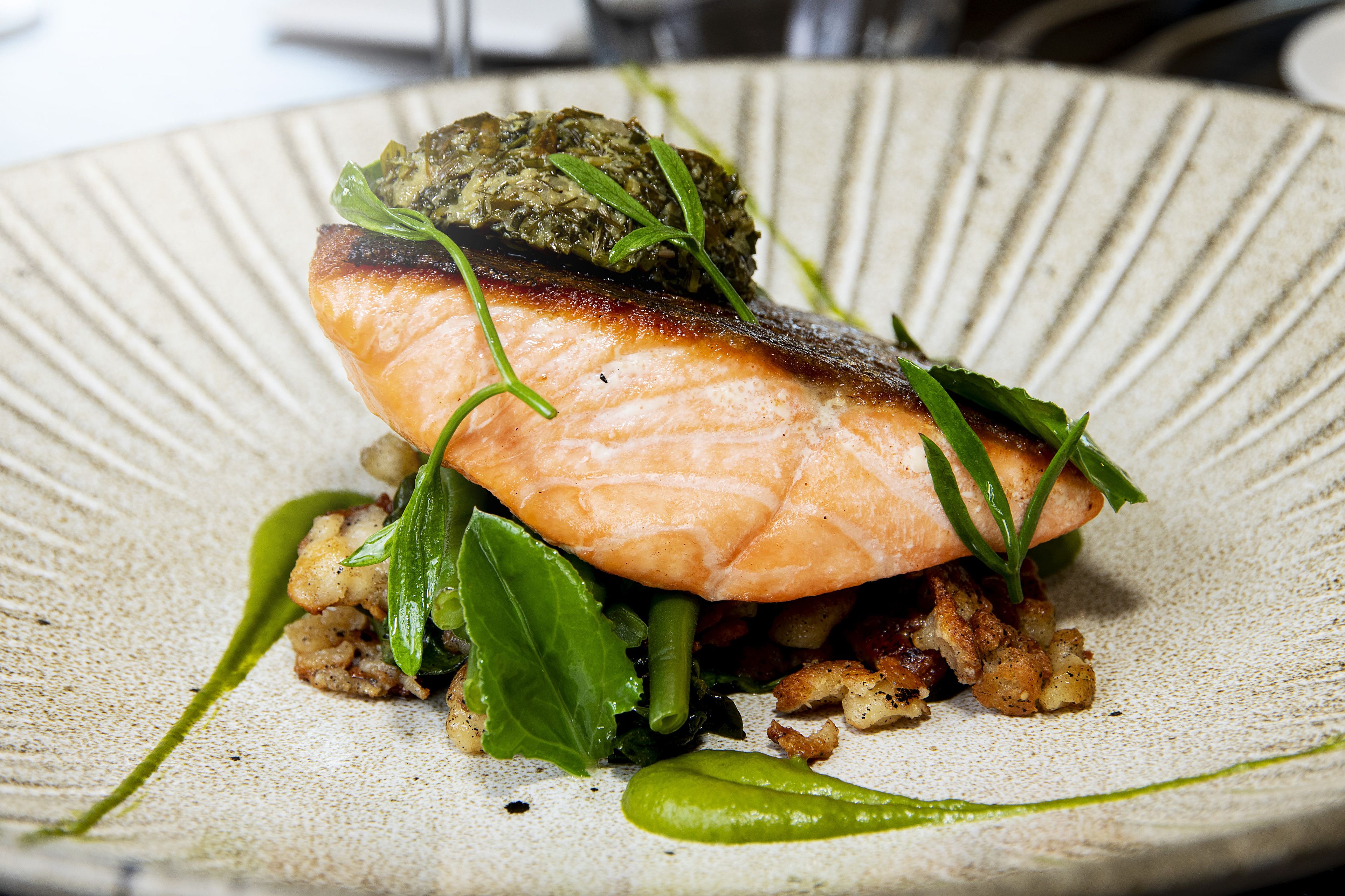 Une assiette de nourriture comprenant du saumon, des légumes verts et une sauce.