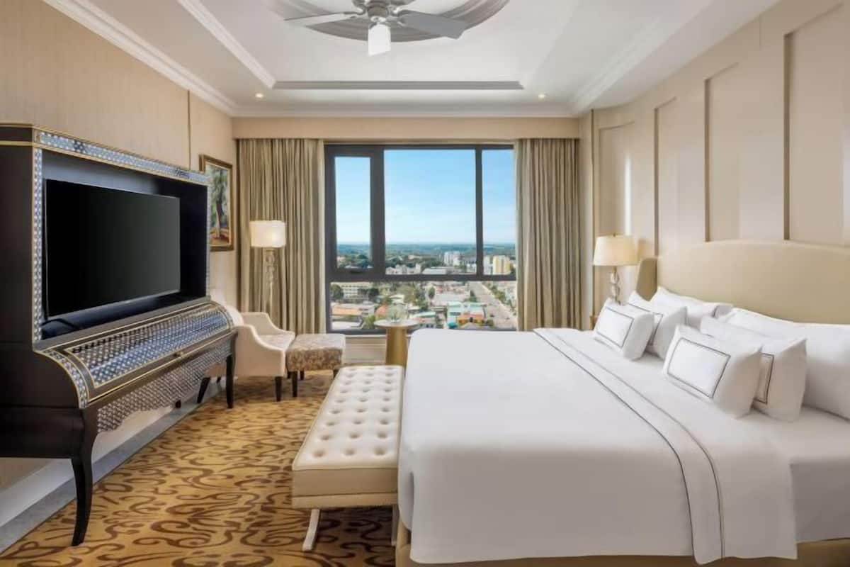 Habitación de hotel con una cama grande, televisor, zona de estar y vistas a la ciudad.