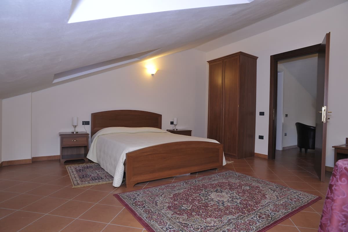 Un dormitorio con tragaluz, cama de madera, mesita de noche, armario y alfombra estampada.