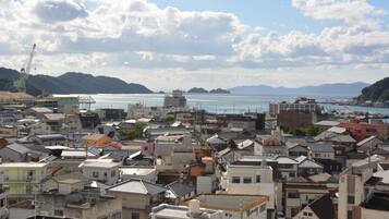 A densely packed urban area with various buildings, including residential and commercial structures, and a body of water in the background.