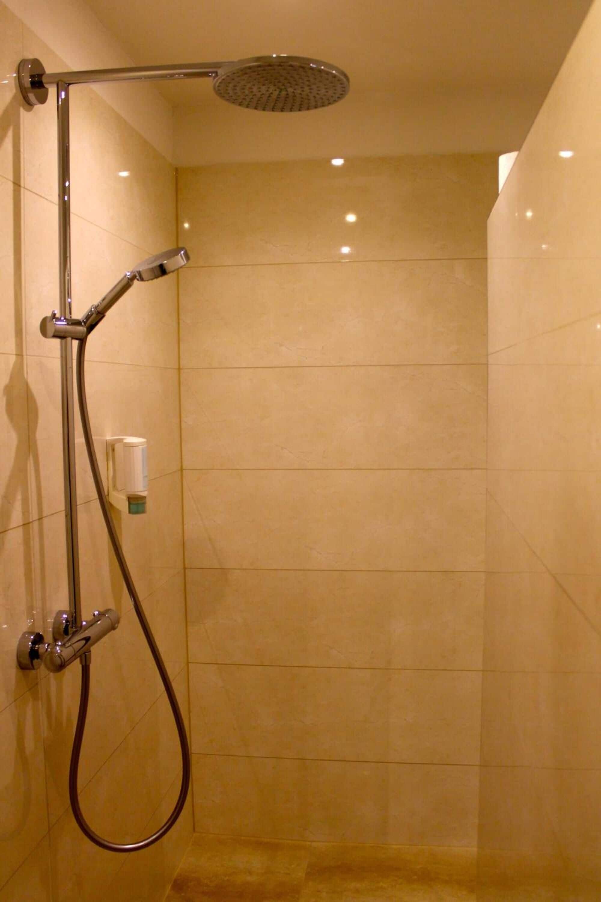A walk-in shower with a handheld showerhead, a handheld shower nozzle, and a wall-mounted faucet.