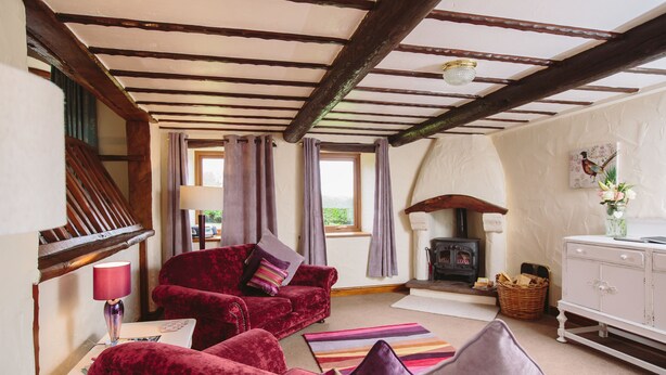 A cozy living room with a fireplace, red velvet sofas, and a white cabinet. - Low Barn Cottage (Brampton)