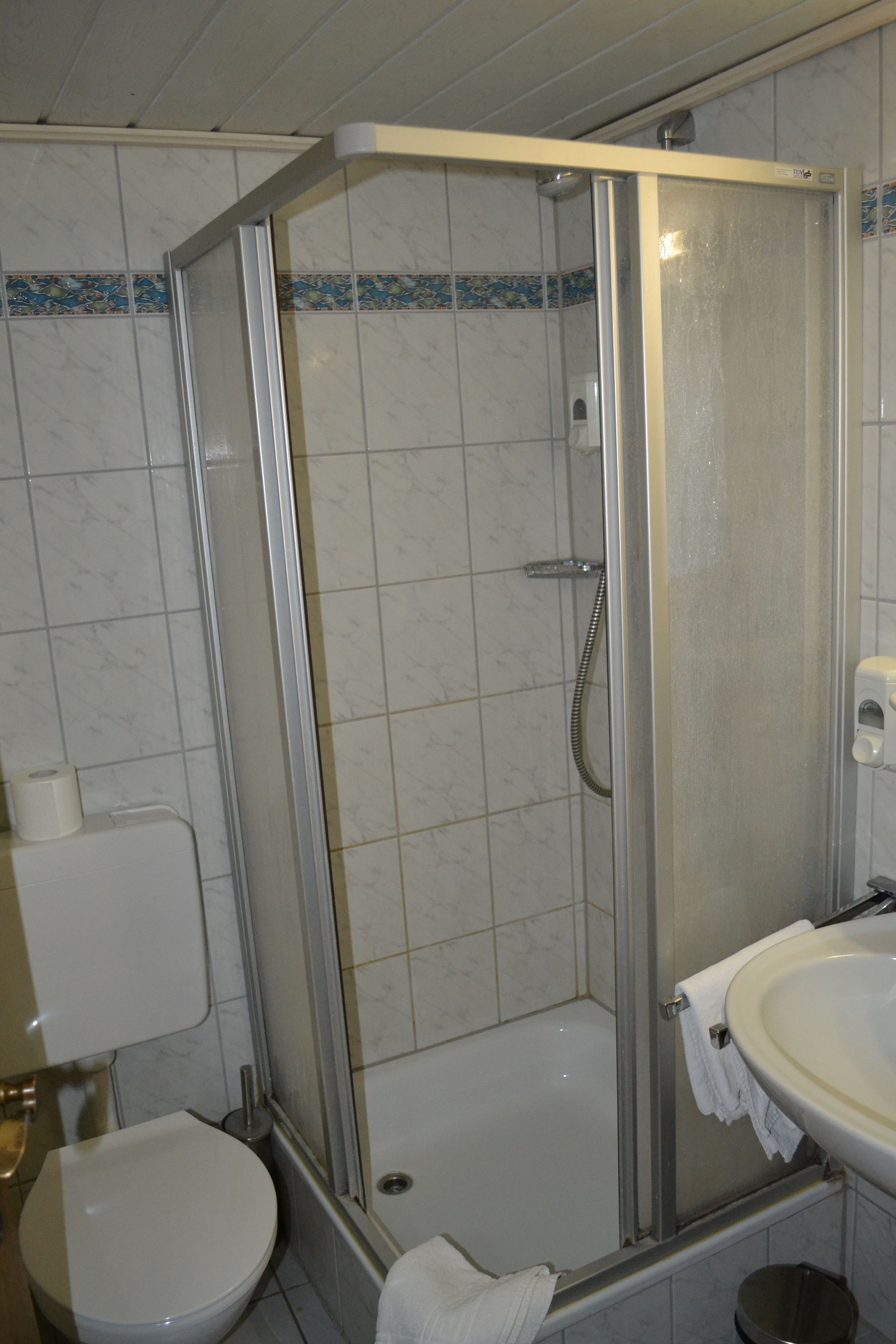 Une salle de bain équipée d’une douche, de toilettes et d’un lavabo.