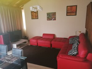 Flat-screen TV, fireplace, DVD player, stereo