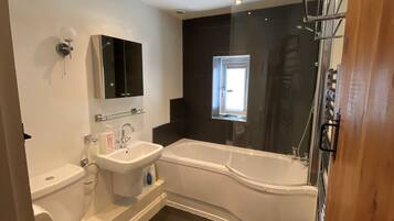Combined shower/tub, hair dryer, towels, soap