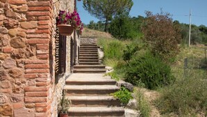Ein Steinhaus mit Ziegelverkleidung, eine Treppe aus Stein, die zu einer Holztür führt, und ein Blumentopf mit rosa Blüten, der herunterhängt.