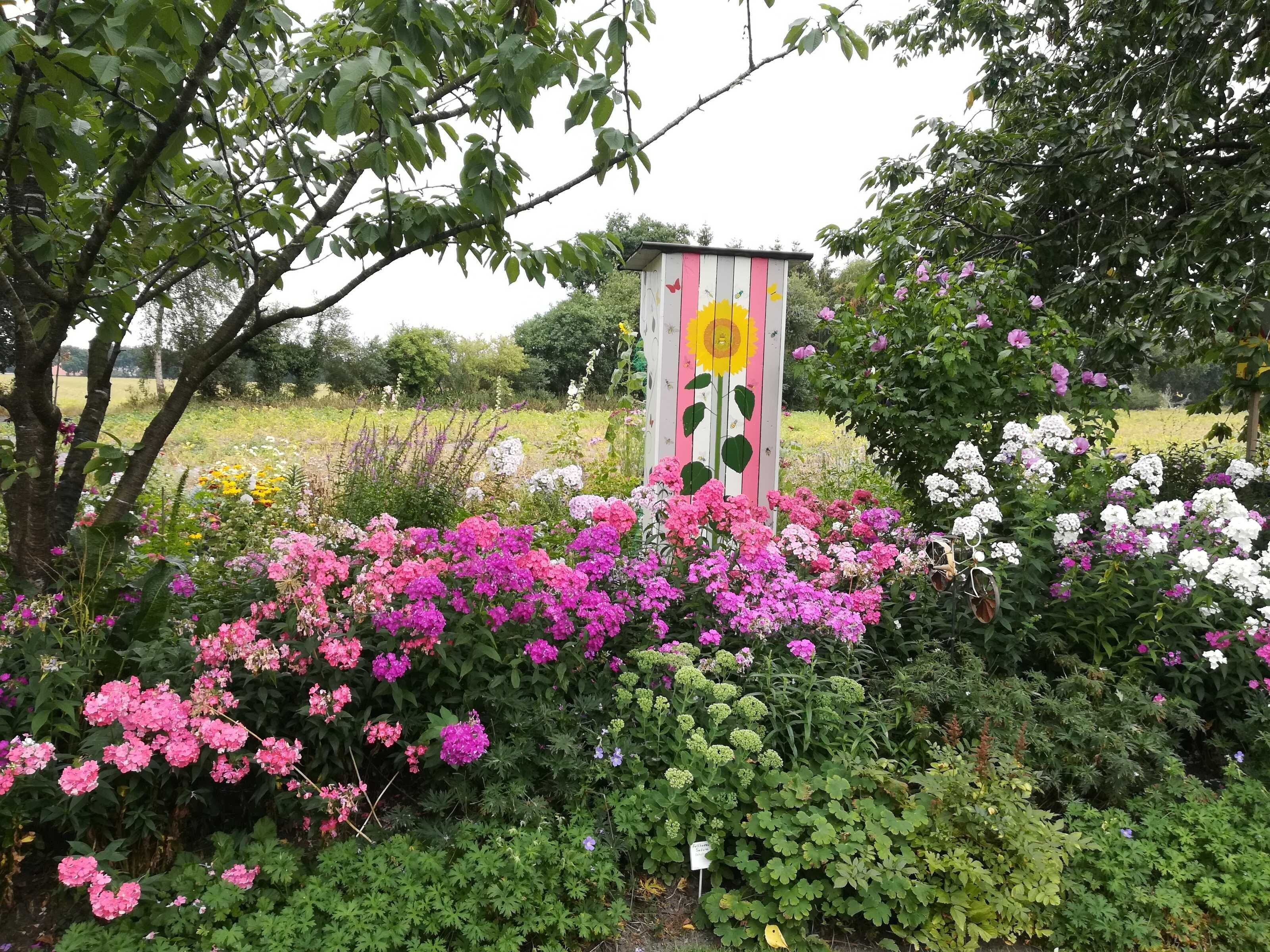 Un jardin agrémenté d’une structure en bois peinte, ornée de motifs de tournesols, et entouré de diverses plantes à fleurs.