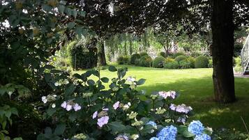Un rigoglioso giardino con diverse piante e fiori, tra cui ortensie e un prato curato.