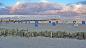 A beach with numbered blue chairs and a lighthouse in the distance.