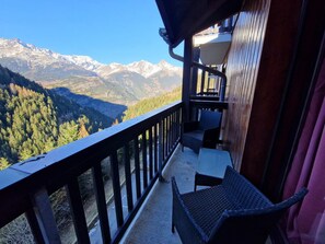 A balcony with a view of snow-capped mountains and a forested valley. - Renovated duplex 6/8 people, 2 bathrooms, balcony, central, ski locker (Valfréjus)