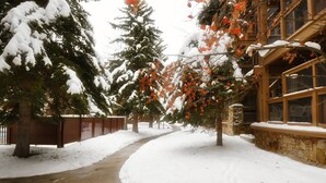 A snow-covered pathway flanked by trees and a building with stone walls and wooden railings. - Main Street/Town Lift, Pool, Hot Tubs, Location, Comfort, Value, A/C, Fireplace (Park City)